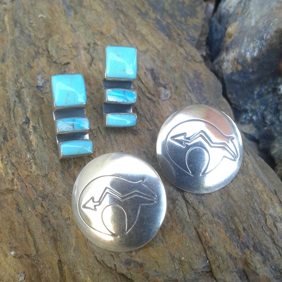 Sterling Silver Set of 2 pairs Earrings TURQUOISE - Picture 3 of 5